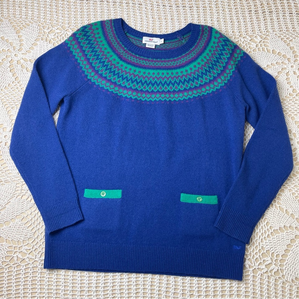 Vineyard Vines Women's L Fair Isle Knitted Merino Lambswool Pullover Sweater